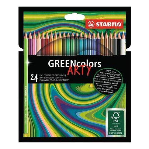 Színes ceruza készlet, hatszögletű, STABILO "GreenColors ARTY", 24 különböző szín