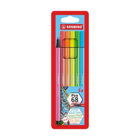 Rostirón készlet, 1 mm, STABILO "Pen 68", 6 neon szín