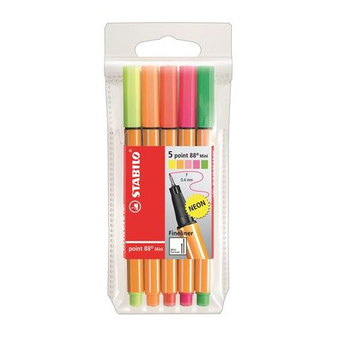 Tűfilc készlet, 0,4 mm, STABILO "Point 88 Mini Neon", 5 különböző szín