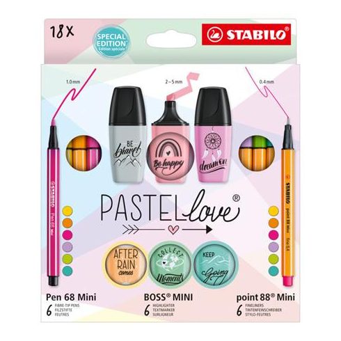 Írószer szett, STABILO, "Mini World Pastellove", 18 különböző szín