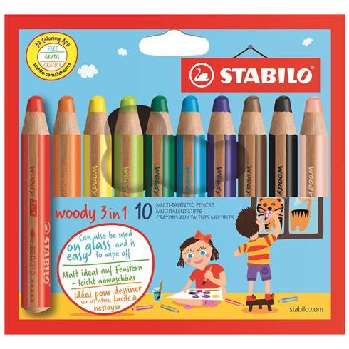 Színes ceruza készlet, kerek, vastag, STABILO "Woody 3 in 1", 10 különböző szín