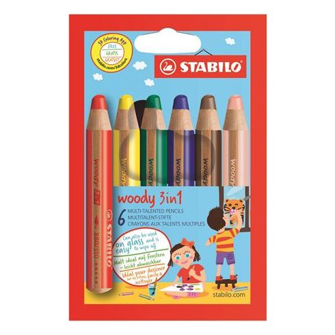 Színes ceruza készlet, kerek, vastag, STABILO "Woody 3 in 1", 6 különböző szín