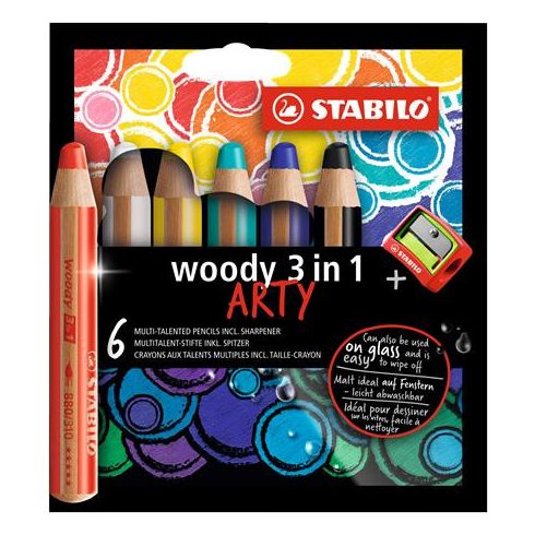 Színes ceruza készlet, kerek, vastag, STABILO "Woody ARTY 3 in 1", 6 különböző szín
