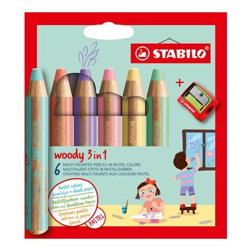Színes ceruza készlet, kerek, vastag, STABILO "Woody 3 in 1 Pastel", 6 különböző pasztell szín