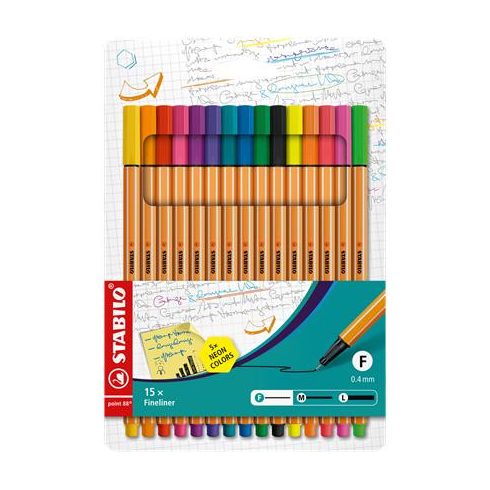 Tűfilc készlet, 0,4 mm, STABILO "Point 88", 10+5 különböző szín