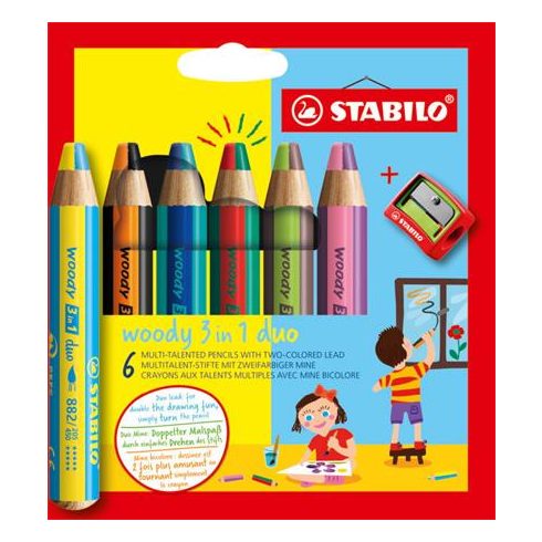 Színes ceruza készlet, STABILO "Woody 3 in 1 duo", 6 dupla vegyes szín