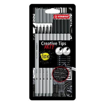   Tűfilc készlet, STABILO "Creative Tips ARTY", fekete, szürke, 5 különböző vastagság