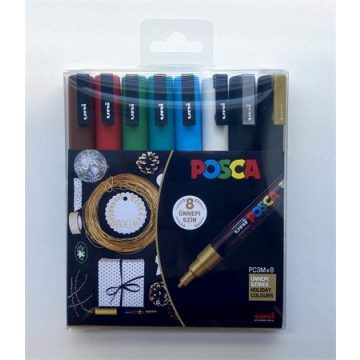   Dekormarker készlet, 0,9-1,3 mm, UNI "Posca PC-3M Holiday", 8 különböző szín
