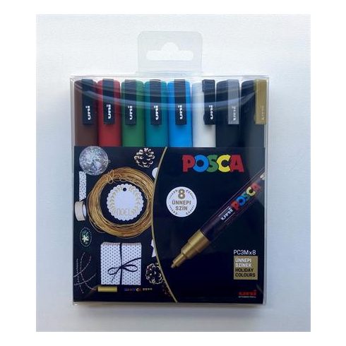 Dekormarker készlet, 0,9-1,3 mm, UNI "Posca PC-3M Holiday", 8 különböző szín