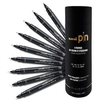   Rajzmarker készlet, UNI PIN "Tube", 9 különböző vonalvastagság, fekete