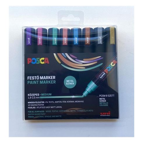 Dekormarker készlet, 1,8-2,5 mm, UNI "Posca PC-5M", 8 különböző metál szín