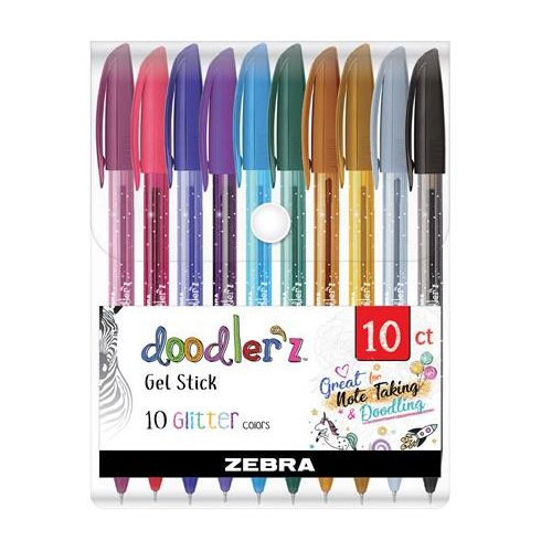 Zseléstoll készlet, 0,33 mm, kupakos, ZEBRA "Doodler'z Glitter", 10 csillogó vegyes szín
