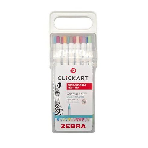 Filctoll készlet, nyomógombos, 0,6 mm, ZEBRA "Clickart" 12 különböző pasztell szín