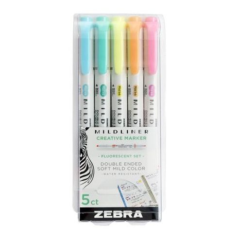 Szövegkiemelő készlet, 1,4/4,0 mm, kétvégű, ZEBRA "Mildliner Fluorescent", 5 szín