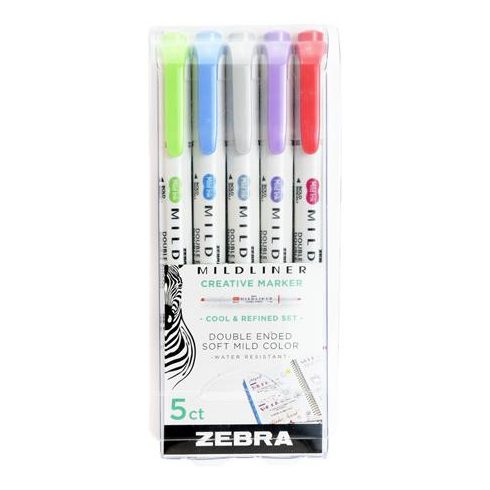 Szövegkiemelő készlet, 1,4/4,0 mm, kétvégű ZEBRA "Mildliner Cool & Refined" 5 szín