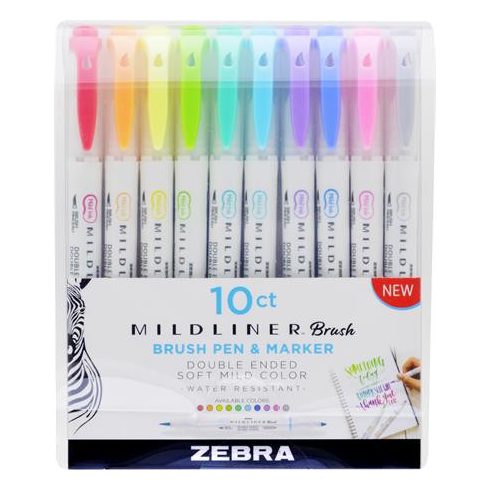 Ecsetirón készlet, 0,5/0,7 mm, kétvégű, ZEBRA "Mildliner Brush&Marker", 10 különböző szín
