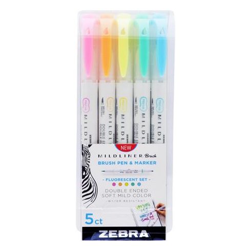 Ecsetirón készlet, kétvégű ZEBRA "Mildliner Fluorescent", 5 szín
