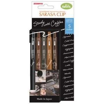   Zseléstoll, 0,33 mm, nyomógombos, ZEBRA "Sarasa Study with Coffee", 5 különböző szín