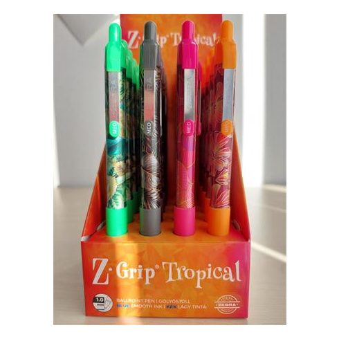Golyóstoll display, 0,27 mm, nyomógombos, ZEBRA "Z-Grip Tropical", kék, 4 különböző minta
