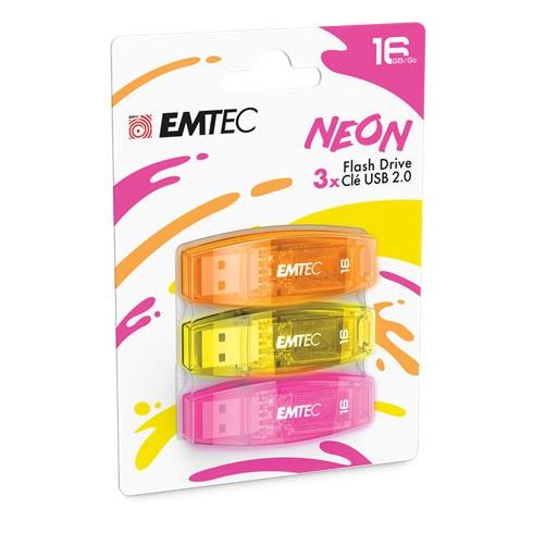 Pendrive, 16GB, 3 db, USB 2.0, EMTEC "C410 Neon", narancs, citromsárga, rózsaszín