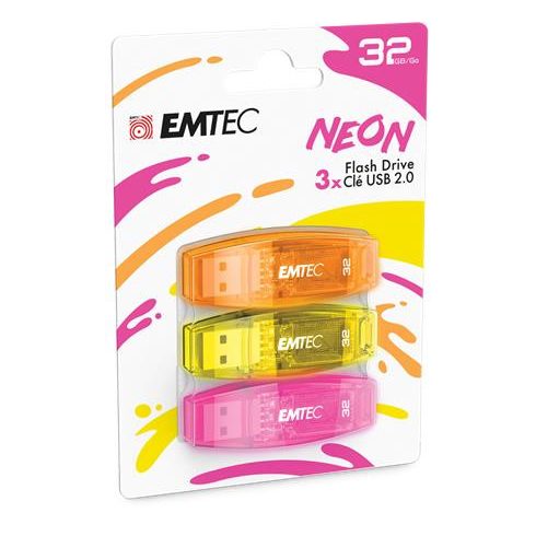 Pendrive, 32GB, 3 db, USB 2.0, EMTEC "C410 Neon", narancs, citromsárga, rózsaszín