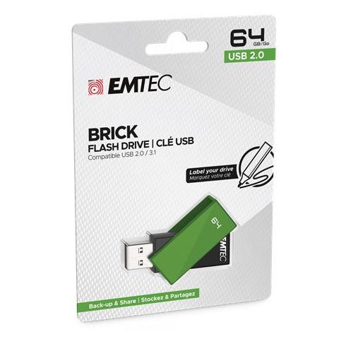 Pendrive, 64GB, USB 2.0, EMTEC "C350 Brick", zöld