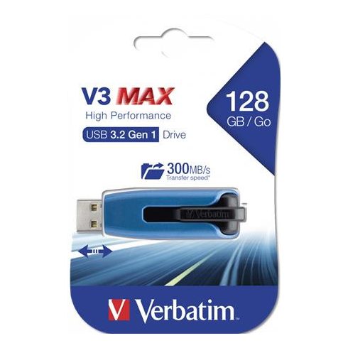 Pendrive, 128GB, USB 3.2, 175/80 MB/s, VERBATIM "V3 MAX", kék-fekete