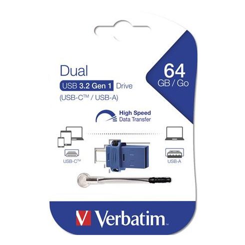 Pendrive, 64GB, USB 3.2+USB-C adapter, VERBATIM "Dual"