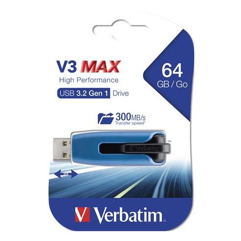 Pendrive, 64GB, USB 3.2, 175/80 MB/s, VERBATIM "V3 MAX", kék-fekete