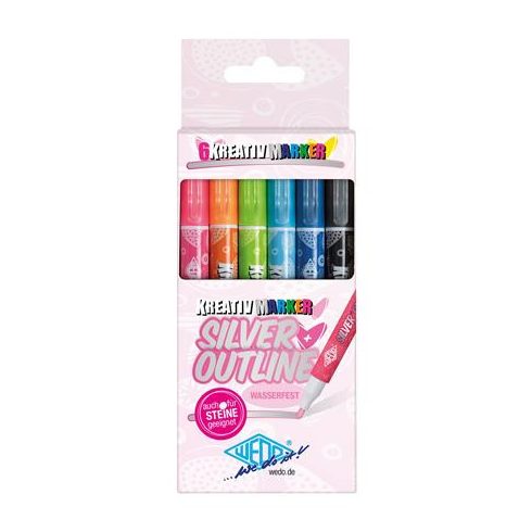 Filctoll készlet, 1-2 mm, metál ezüst, WEDO, 6 különböző színű kontúrral