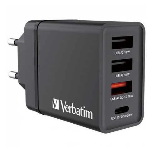 Hálózati töltő, 1xUSB-C PD (20W), USB-A QC 3.0, 2xUSB-A (10W), VERBATIM, fekete