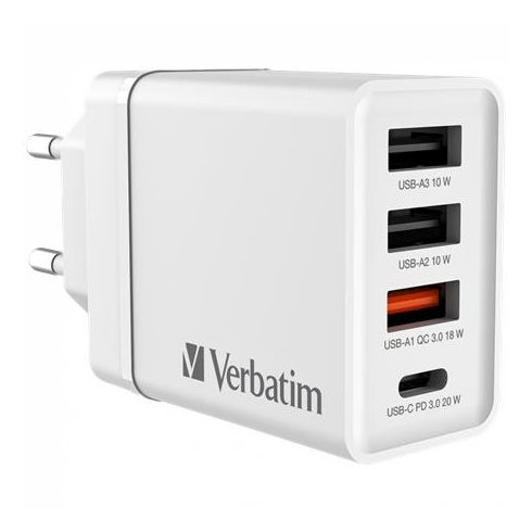 Hálózati töltő, 1xUSB-C PD (20W), USB-A QC 3.0, 2xUSB-A (10W), VERBATIM, fehér