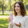 Termikus bögre szájkosárral LED termosz 420ml rózsaszínű