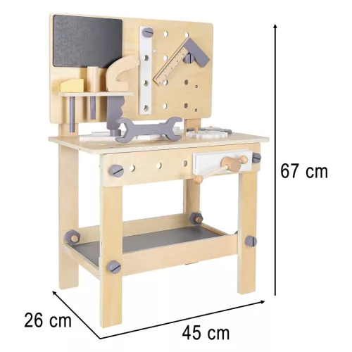 Fából készült műhely szerszámokkal egy asztalon DIY készlet