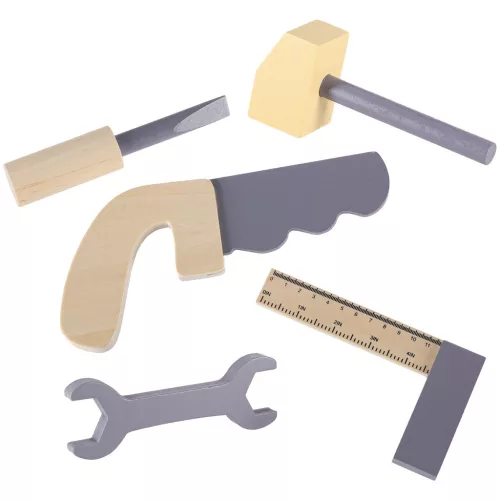 Fából készült műhely szerszámokkal egy asztalon DIY készlet
