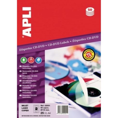 APLI Eltávolítható CD/DVD-címke külső átmérő 114 mm belső átmérő 41 mm