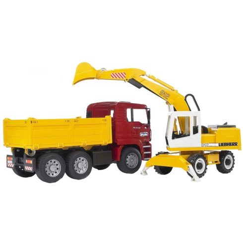 BRUDER MAN TGA platós teherautó és Liebherr markoló szett