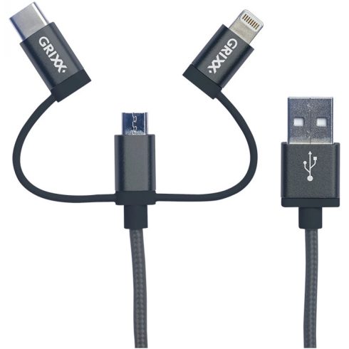 GRIXX USB Lightning + Micro USB + USB Type C Töltő/adatkábel Fekete 1m GROCA3IN1FG01