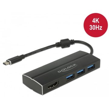   DELOCK USB 3.1 Gen 1 adapter USB Type-C tápfeszültségporttal 3 x 3.0 A-típusú USB kapcsolódási ponttal + 1 x HDMI (DP Alt Mode) 4K 30 Hz