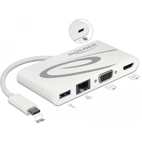 DELOCK USB Type-C USB 3.1 dokkoló állomás HDMI 4K 30 Hz + VGA + LAN + USB PD