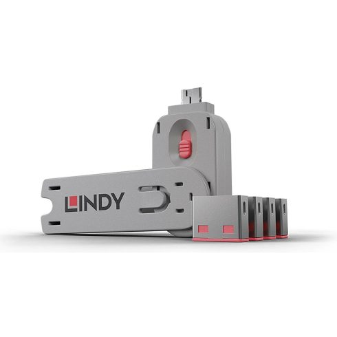 LINDY 40450 USB biztonsági dugó + kulcs (kulcs + 4db dugó) rózsaszín