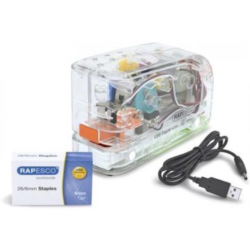   RAPESCO 626EL Tűzőgép 26/6 15 lap műanyag elemes USB töltővel átlátszó