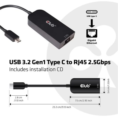 CLUB3D CAC-1520 USB 3.0 Type C UTP Átalakító 10cm 2.5Gbps fekete