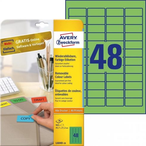 AVERY Címke nyomtatóhoz 45.7x21.2mm 20x48db visszaszedhető zöld
