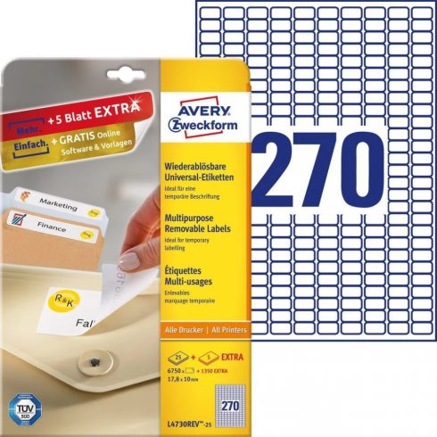 AVERY Címke nyomtatóhoz 17.8x10mm 30x270db visszaszedhető fehér