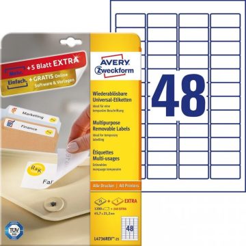  AVERY Címke nyomtatóhoz 45.7x21.2mm 30x48db visszaszedhető fehér
