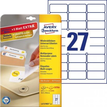   AVERY Címke nyomtatóhoz 63.5x29.6mm 30x27db visszaszedhető fehér