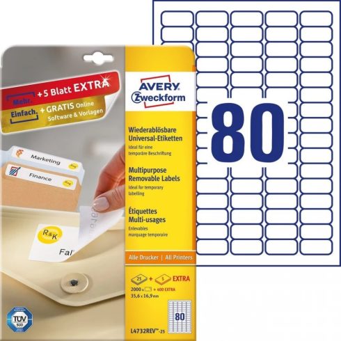 AVERY Címke nyomtatóhoz 35.6x16.9mm 30x80db visszaszedhető fehér