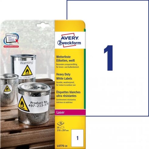 AVERY Időjárásálló Címke lézer nyomtatóhoz 210x297mm 20x1db fehér