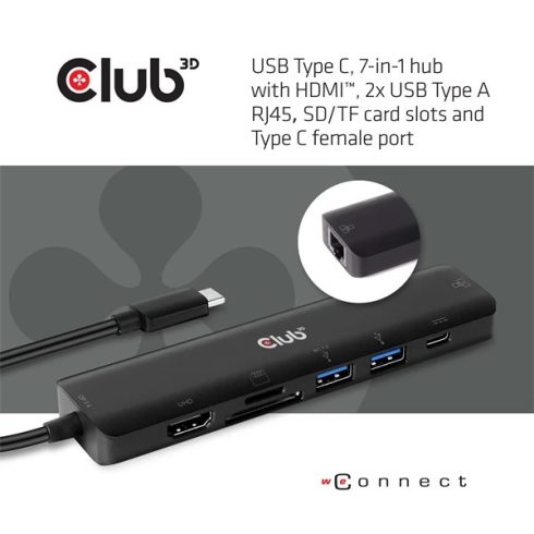 CLUB3D USB Type C 3.2 Gen1 7in1 Hub HDMI 4K60Hz SD TF Card slot 2x USB Type A USB Type C PD RJ45